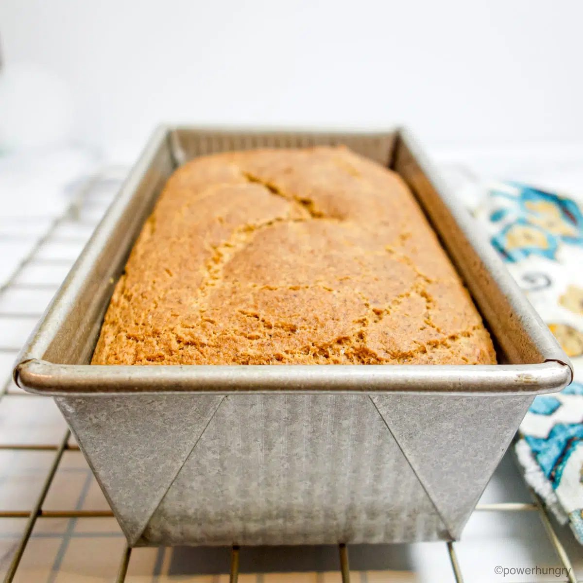 baked loaf of sunflower seed lentil bread in a metal pan