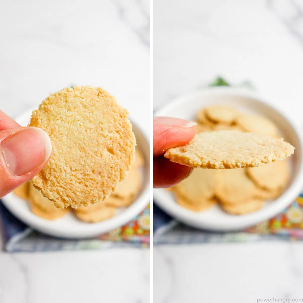 two photo collage showing the thickness and texture of a cracker
