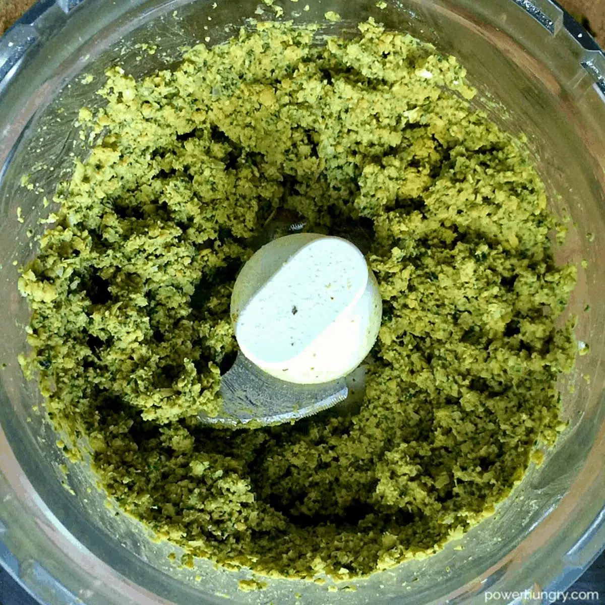 ingredients for oil-free baked falafel, processed in a food processor