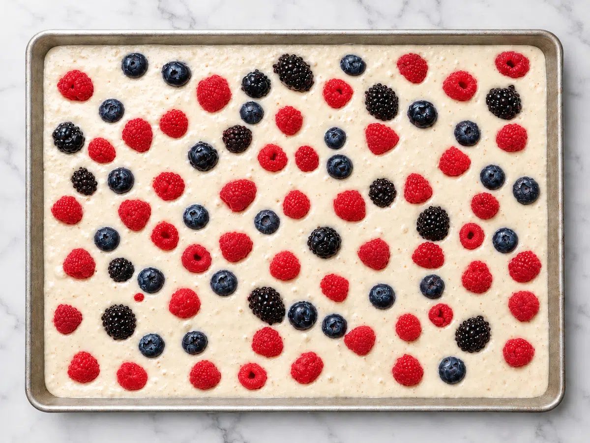 unbaked batter for vegan sheet pancakes topped with assorted berries