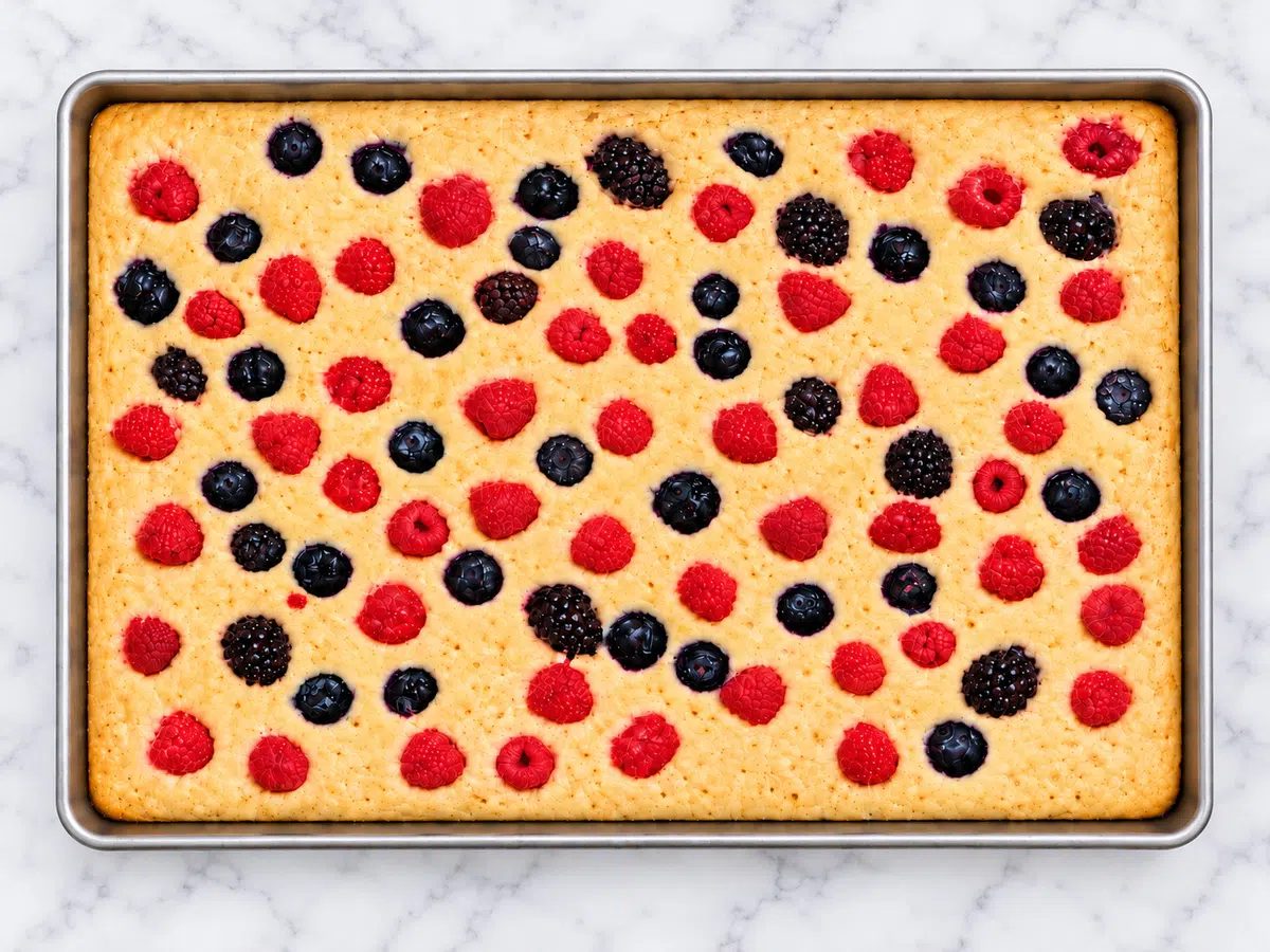 vegan sheet pan pancake baked, overhead image