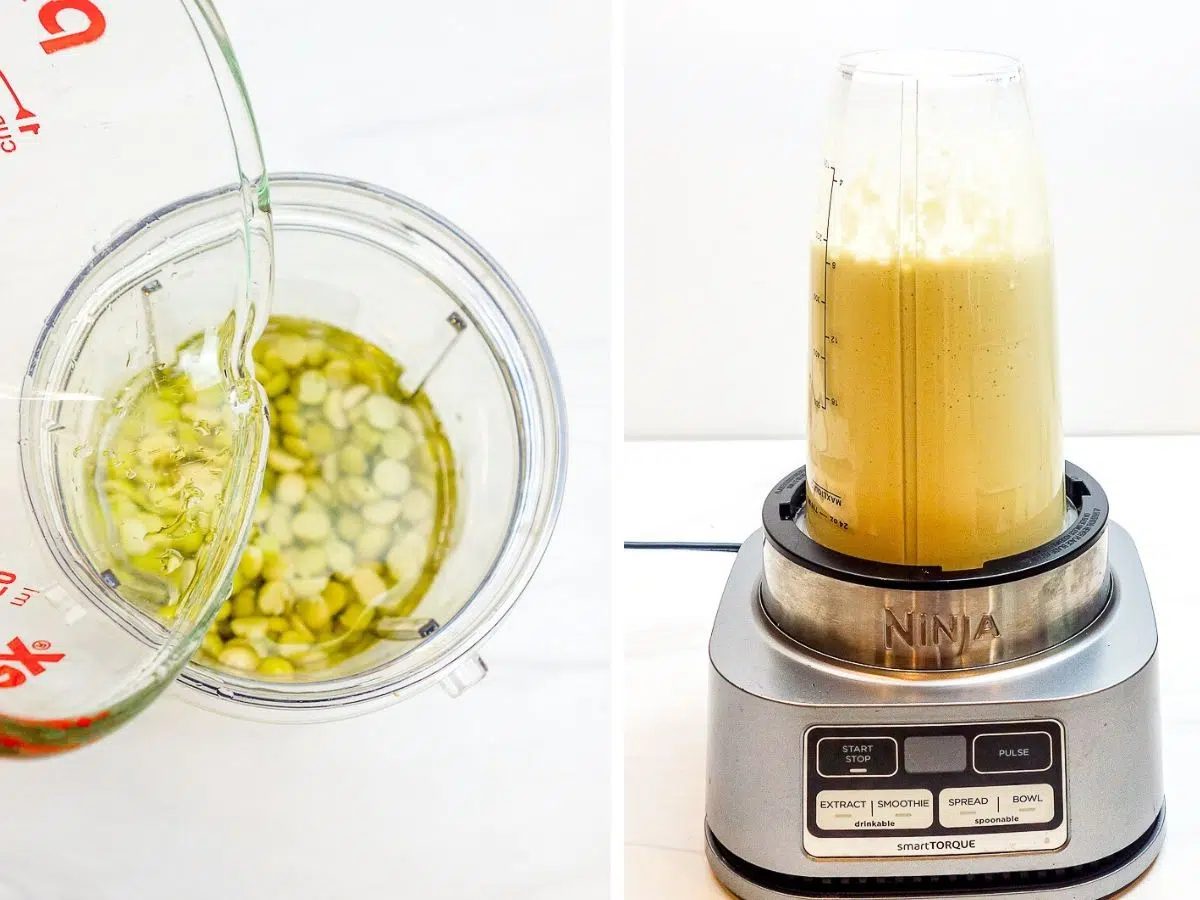 two photo collage showing how to blend the soaked split peas