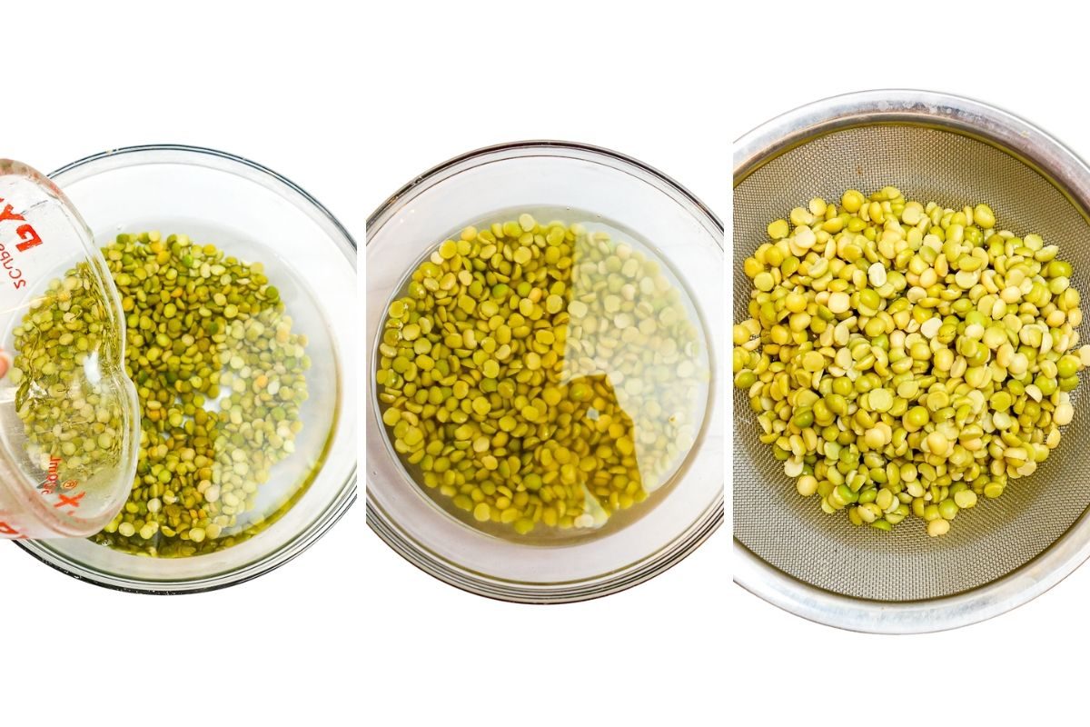 three photo collage depicting how to soak and rinse split peas
