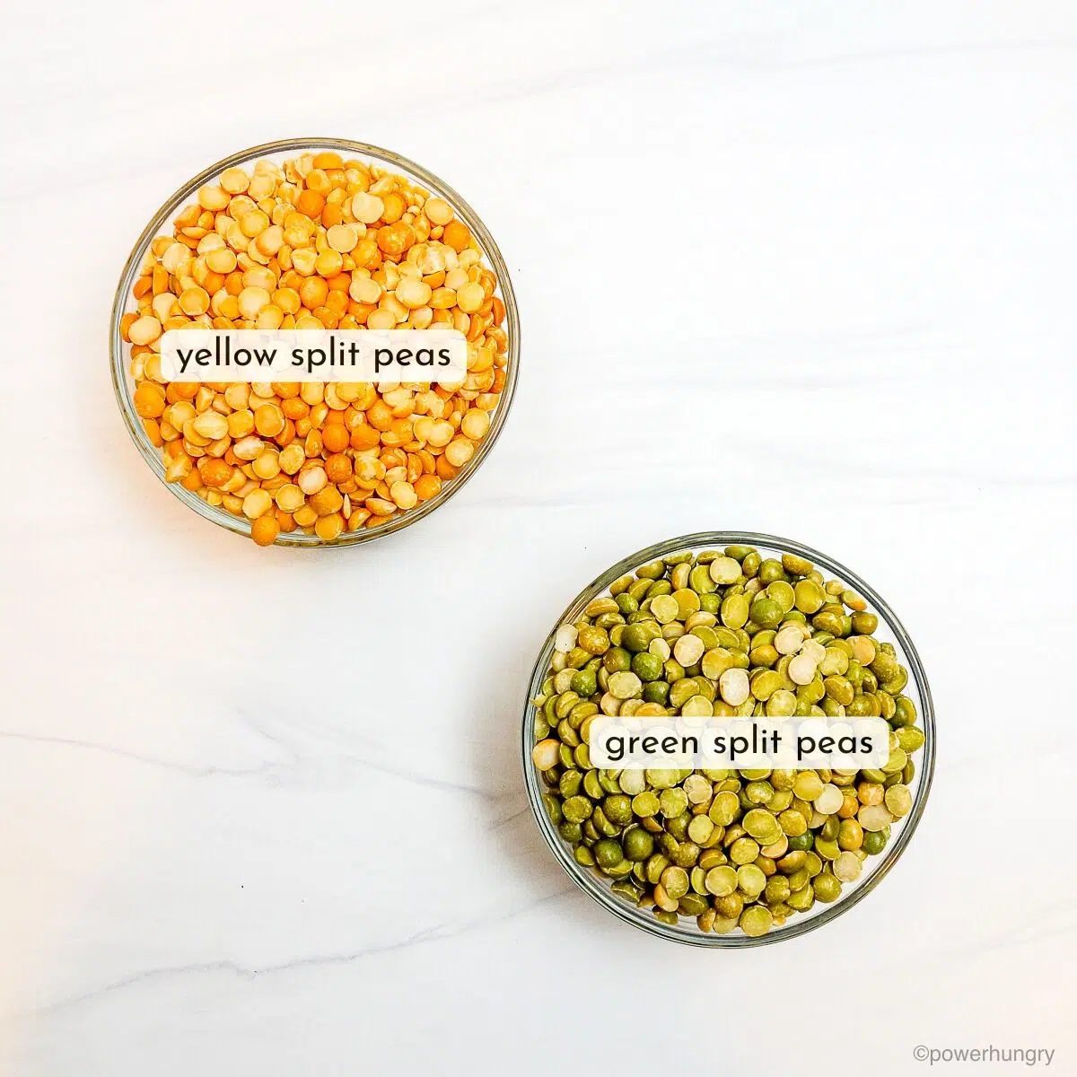 two glass bowl, one filled with green split peas, the other with yellow split peas