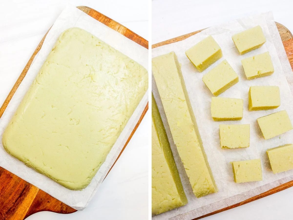 two photo collage of unfolded sliced split pea tofu
