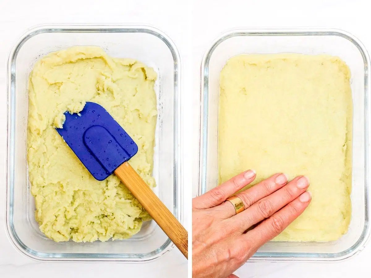 2 photo collage showing how to press split pea tofu into a mold