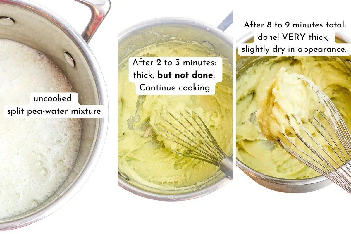 three photo collage showing how to cook split pea tofu