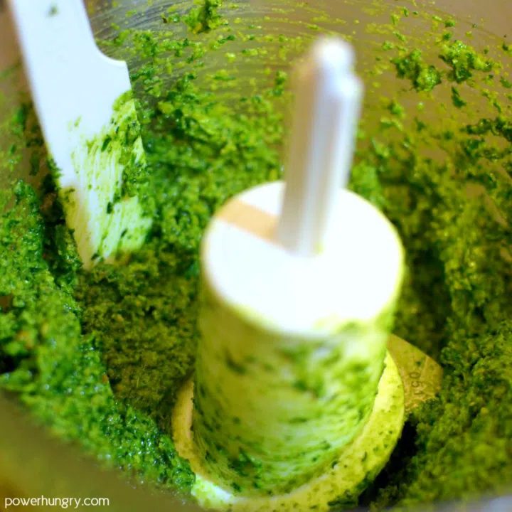 straightforward vegan keto pesto being made in a food processor