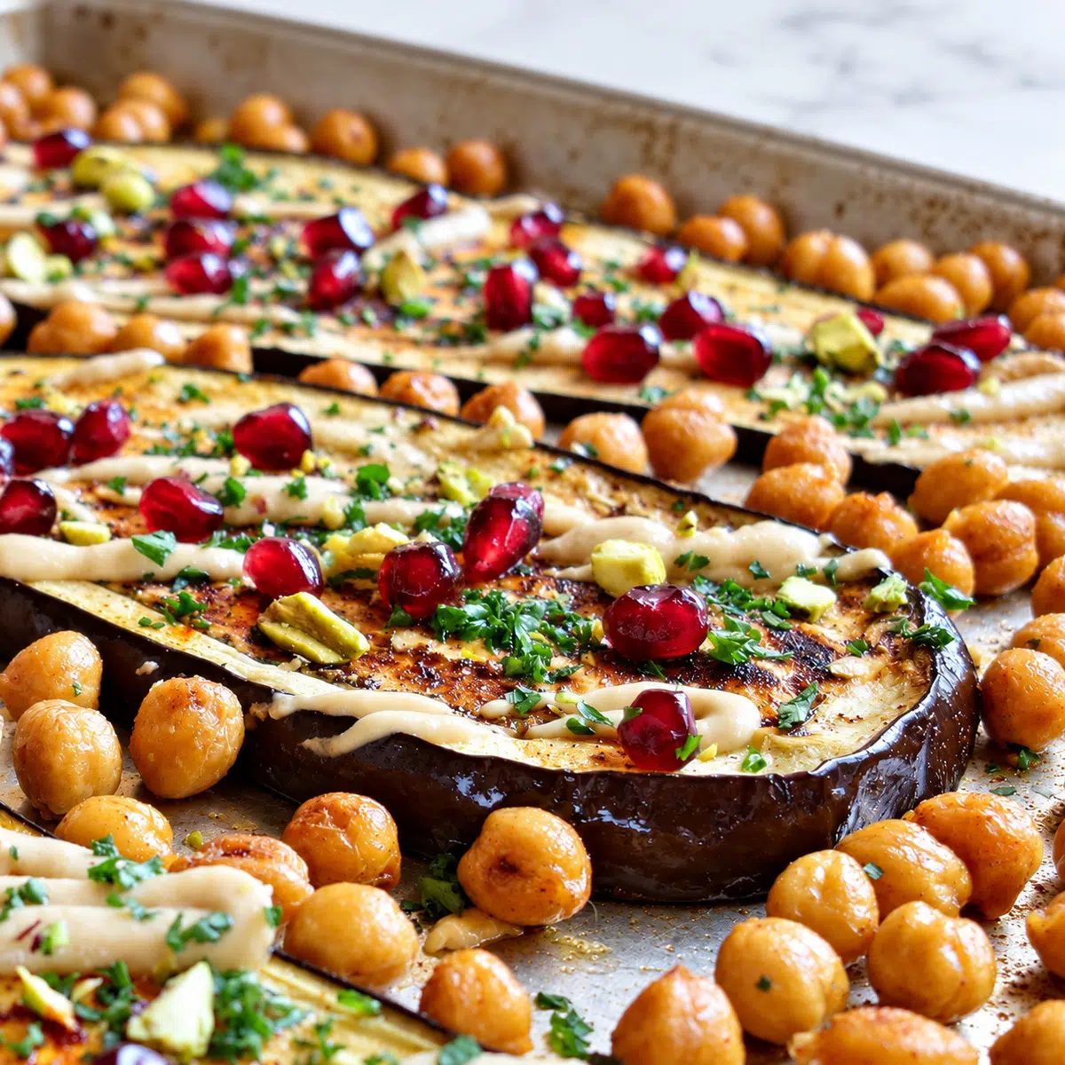 close-up of eggplant chickpea sheetpan dinner