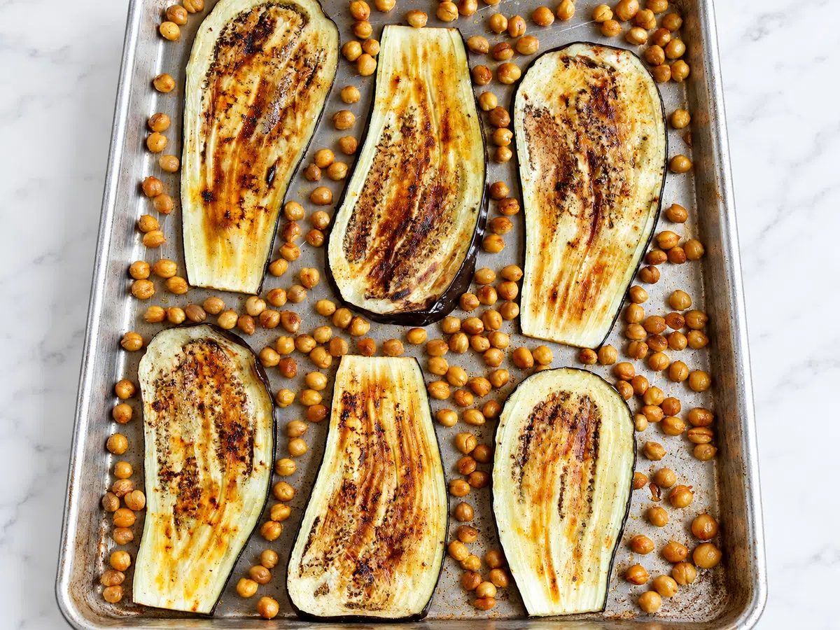 eggplant chickpea sheet pan dinner without toppings