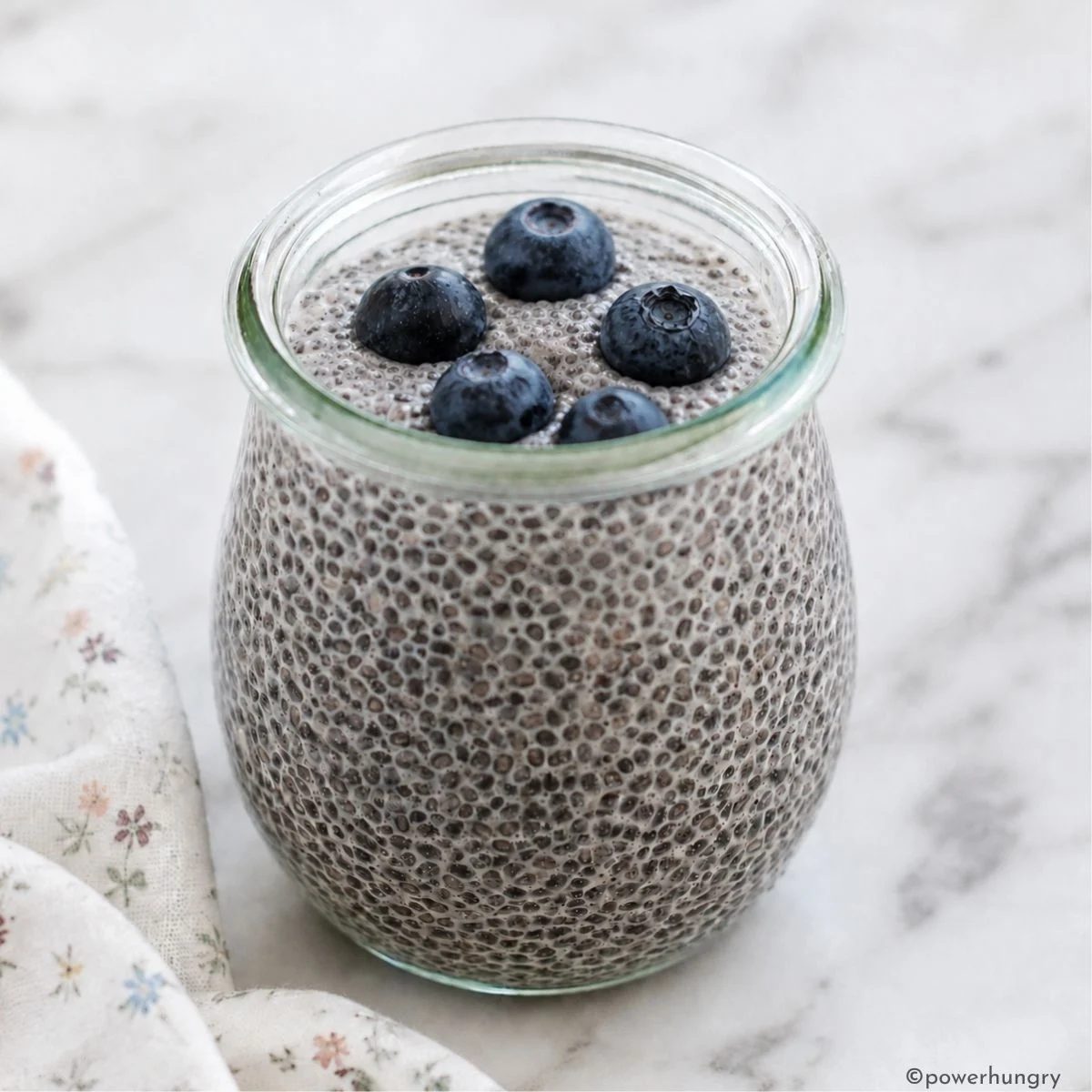 a single jar of fast chia seed pudding topped with fresh blueberries