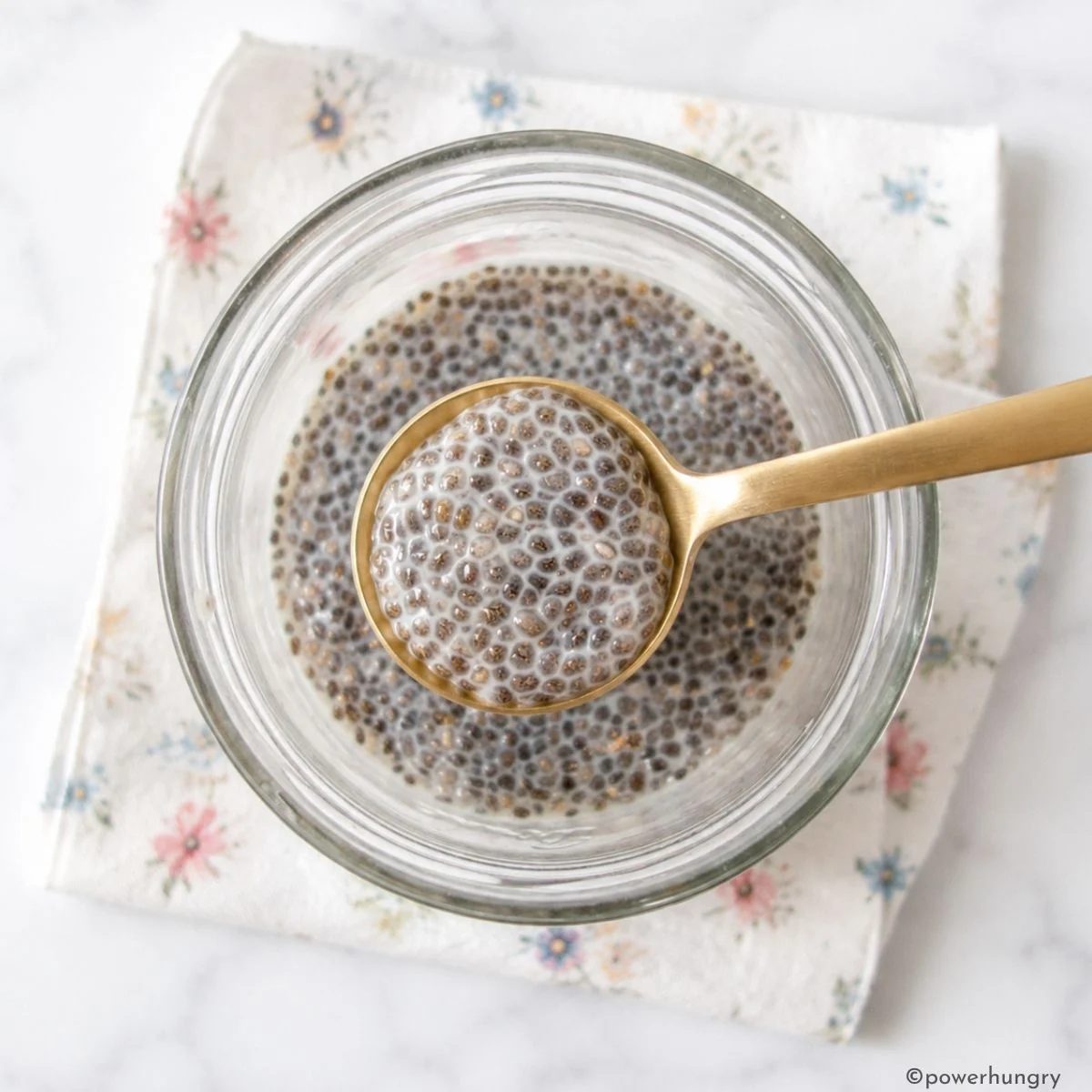a single gold spoon filled with chia seed pudding