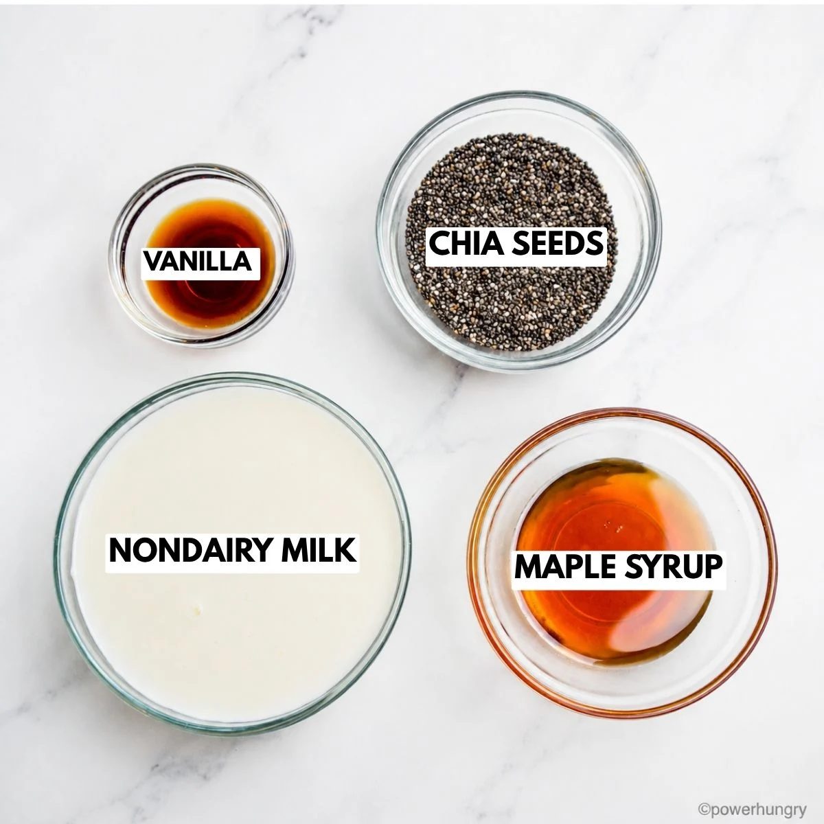 overhead shot of the ingredients needed to make quick chia seed pudding