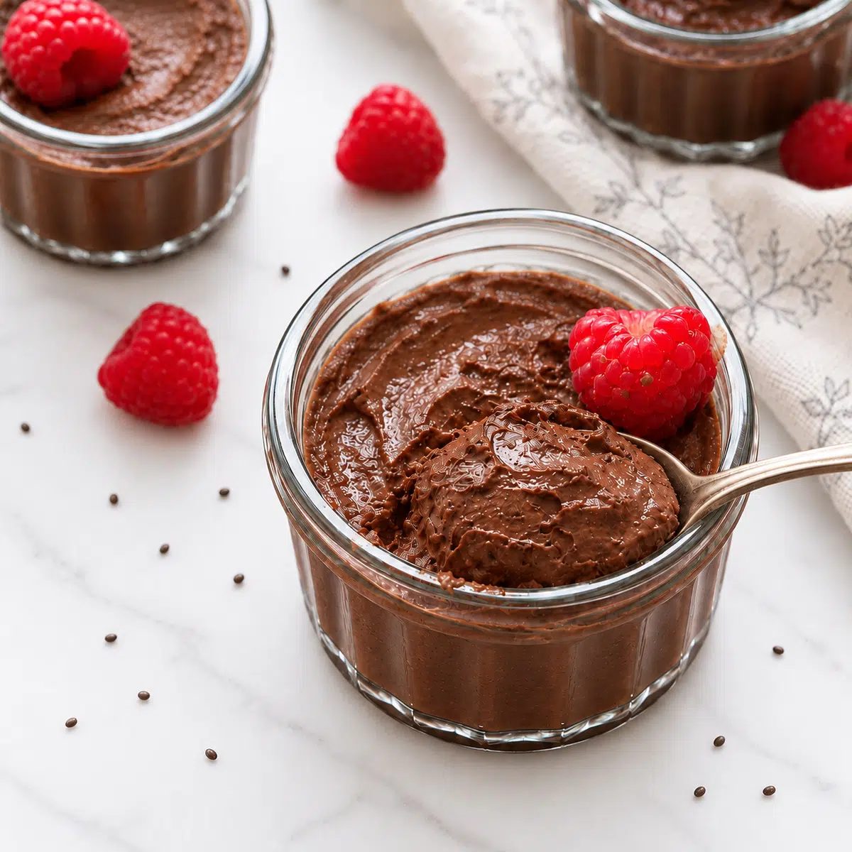 fast blended chocolate chia seed pudding with a spoonful and raspberry