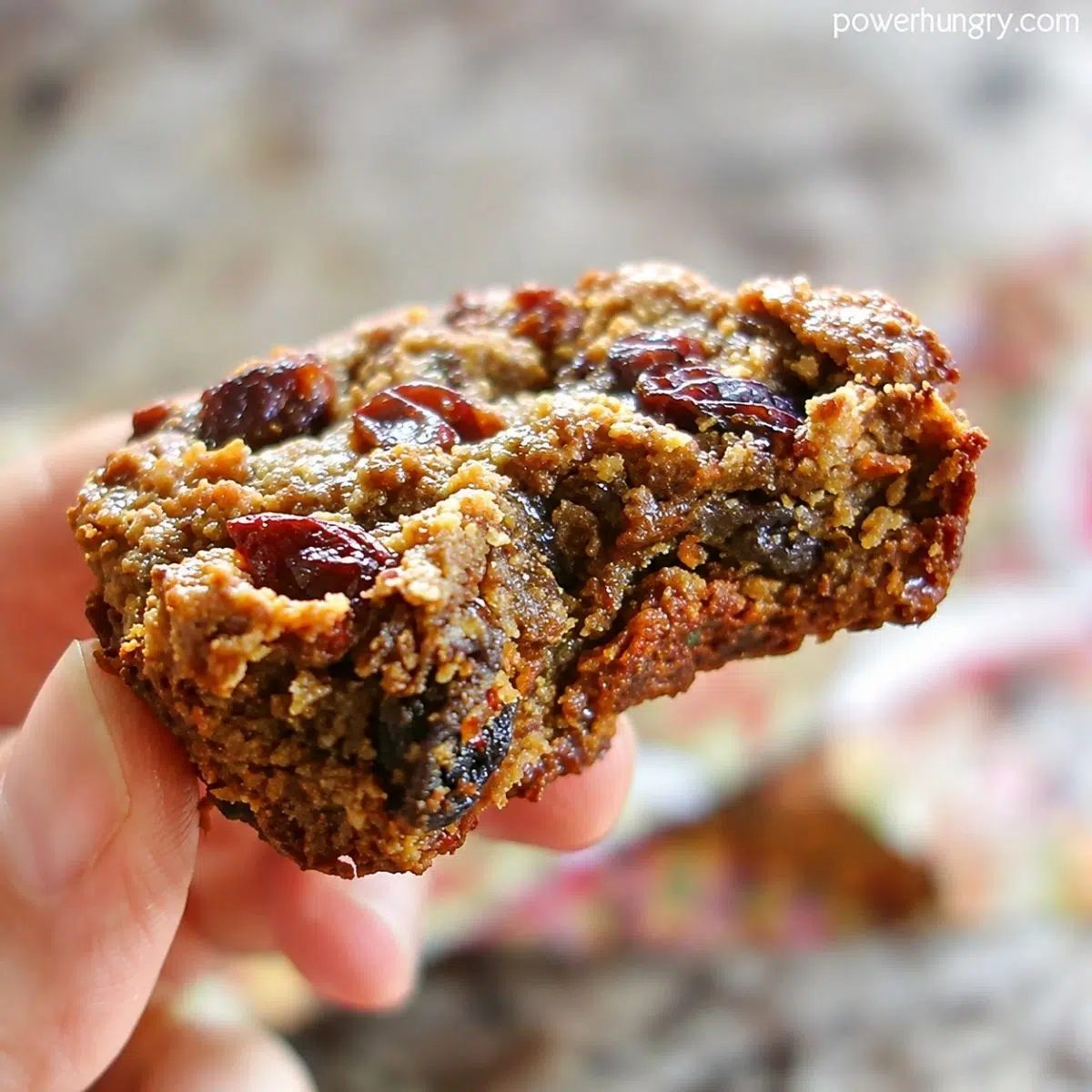 a flaxseed breakfast cookie with a bite taken out, showing the interior
