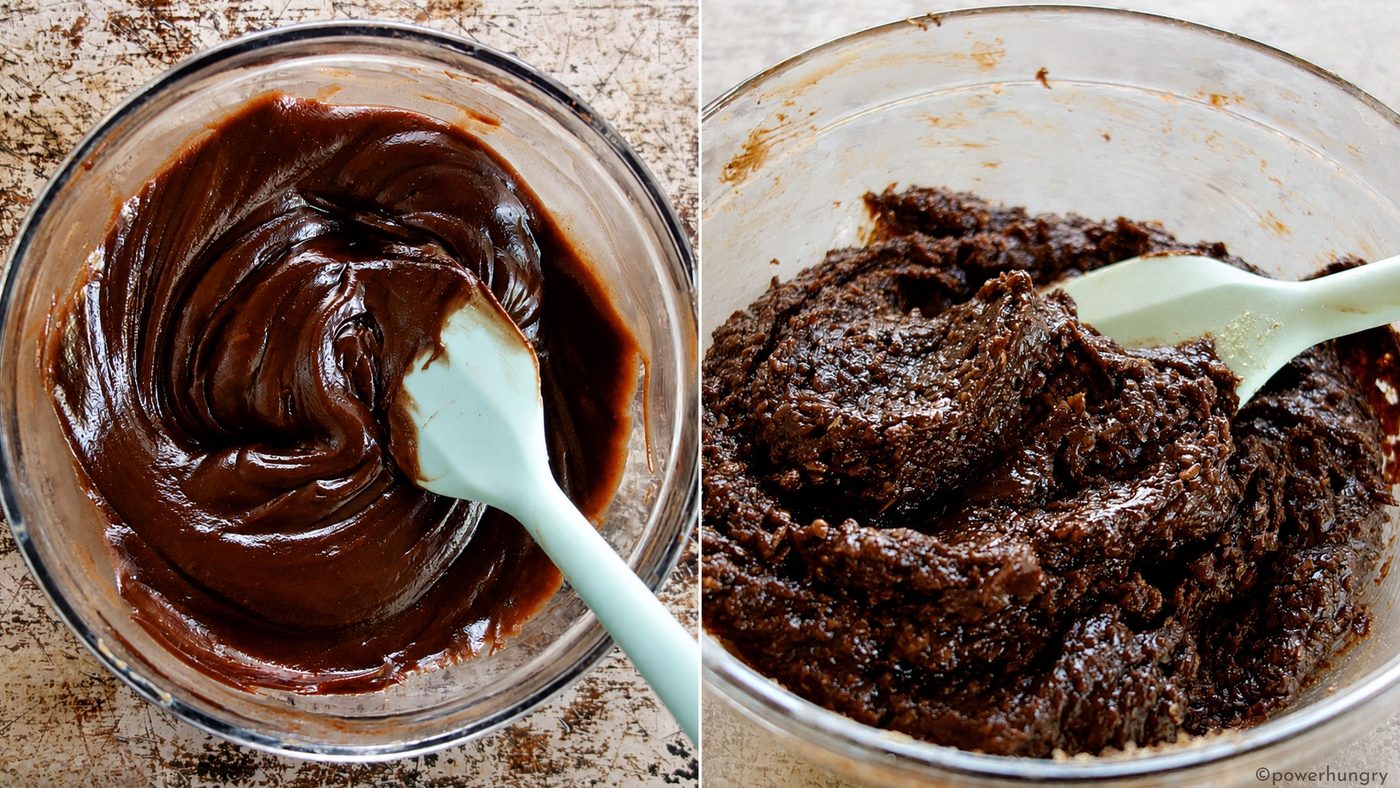 2 photo collage showing how to make chocolate flax cookie dough