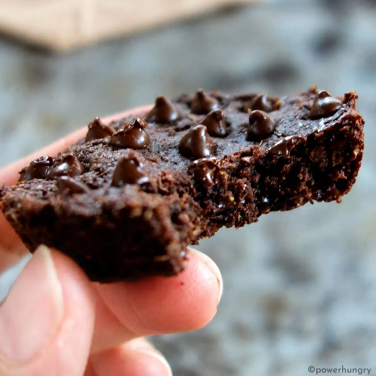 handheld gluten-free and grain-free chocolate flax cookie with a bite taken out