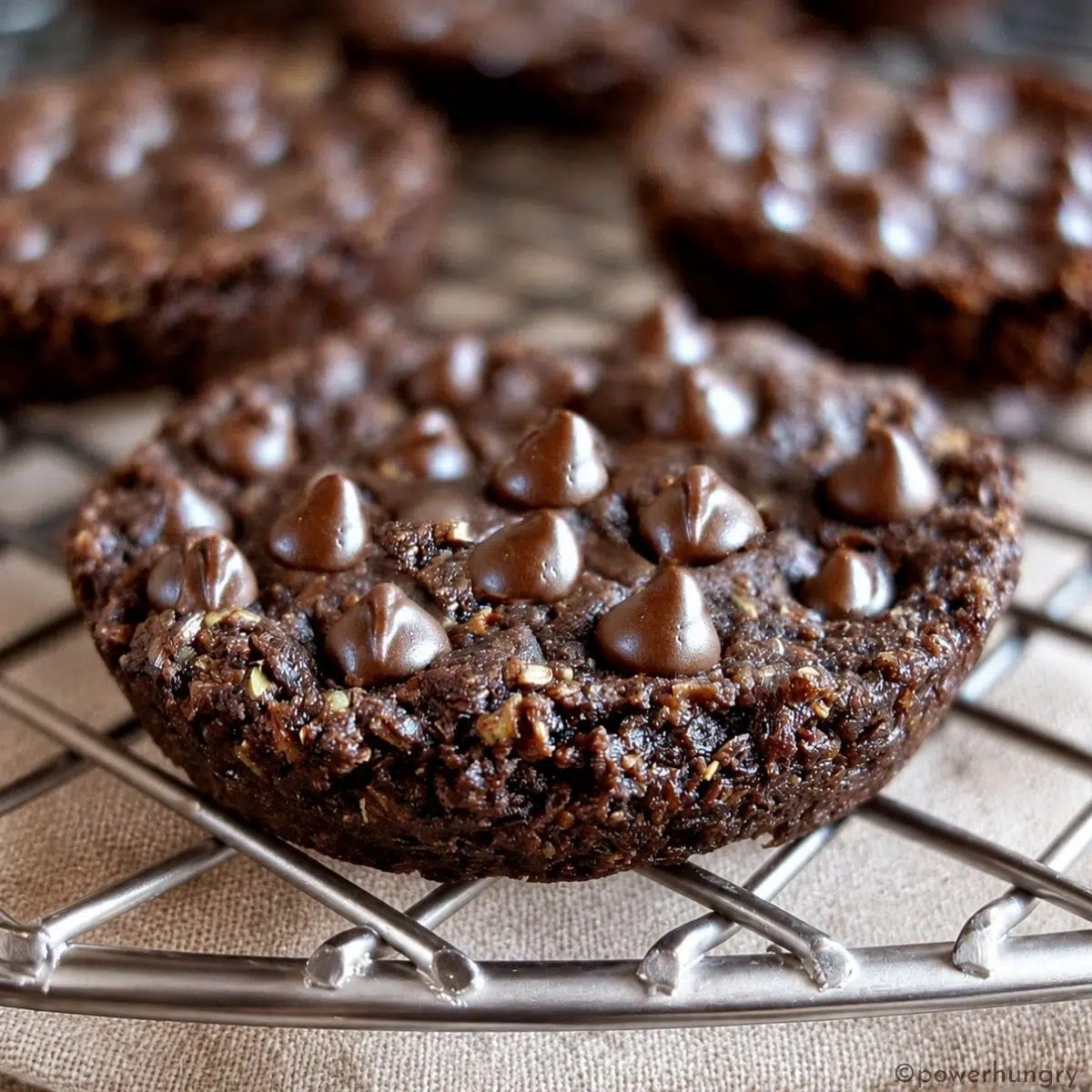 chocolate flaxseed cookie on a silver wire rack