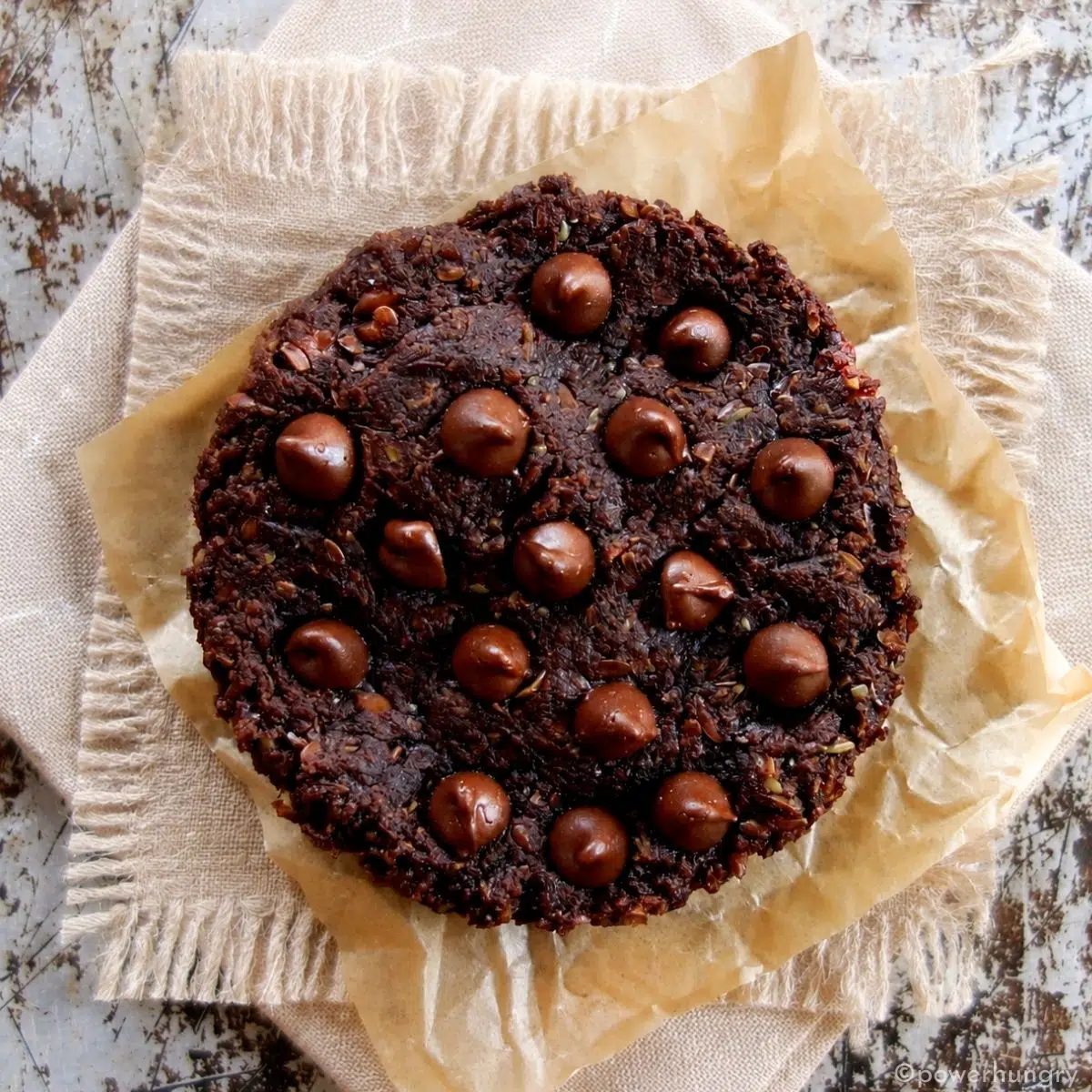 overhead shot of a gluten-free chocolate flaxseed cookie