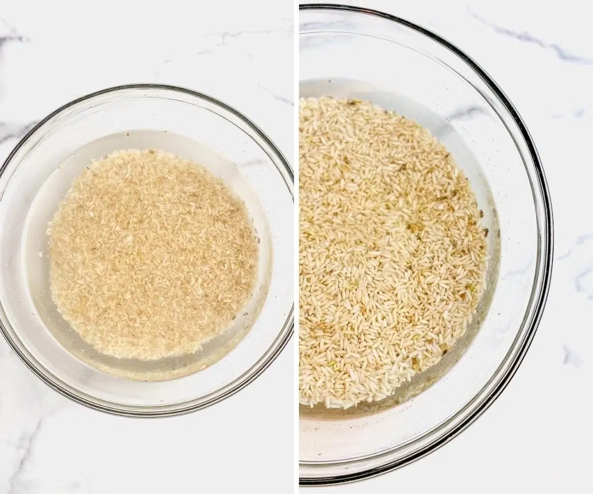 two photo collage showing brown rice soaking