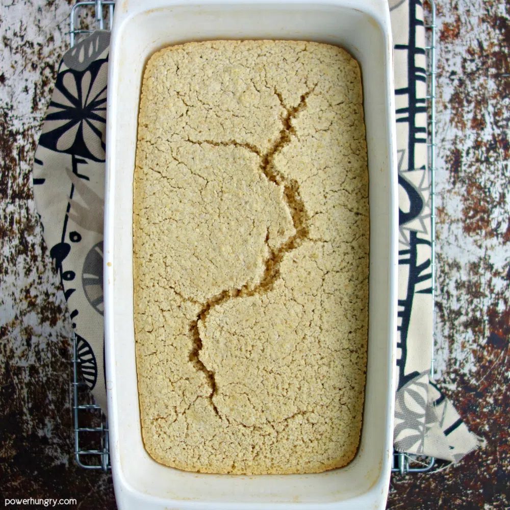 millet oat bread in a white baking dish