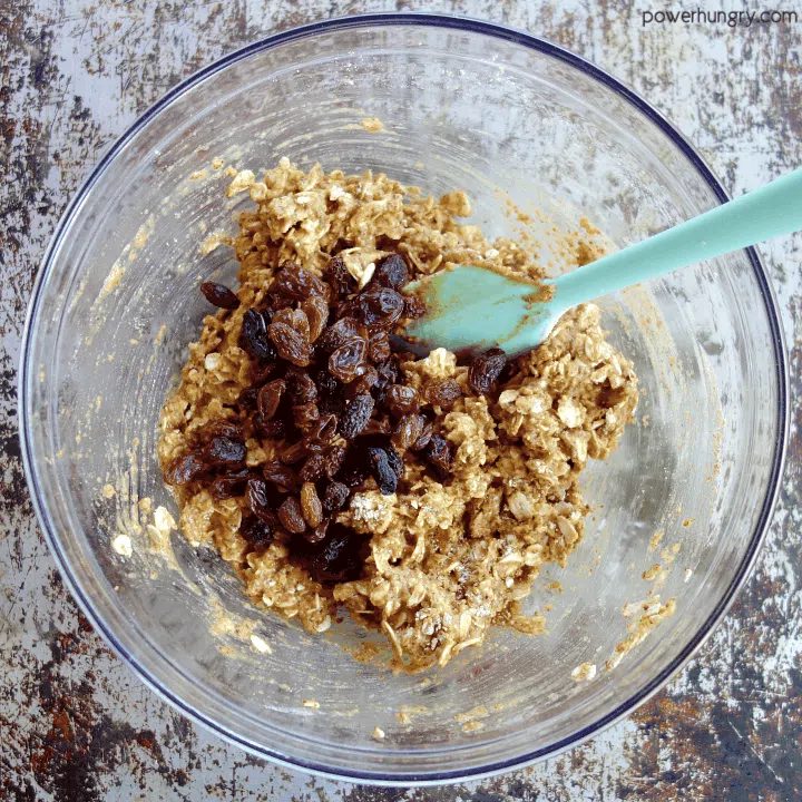 Dough for nourishing, flourless oatmeal raisin cookies that are vegan, gluten-free, and oil-free.