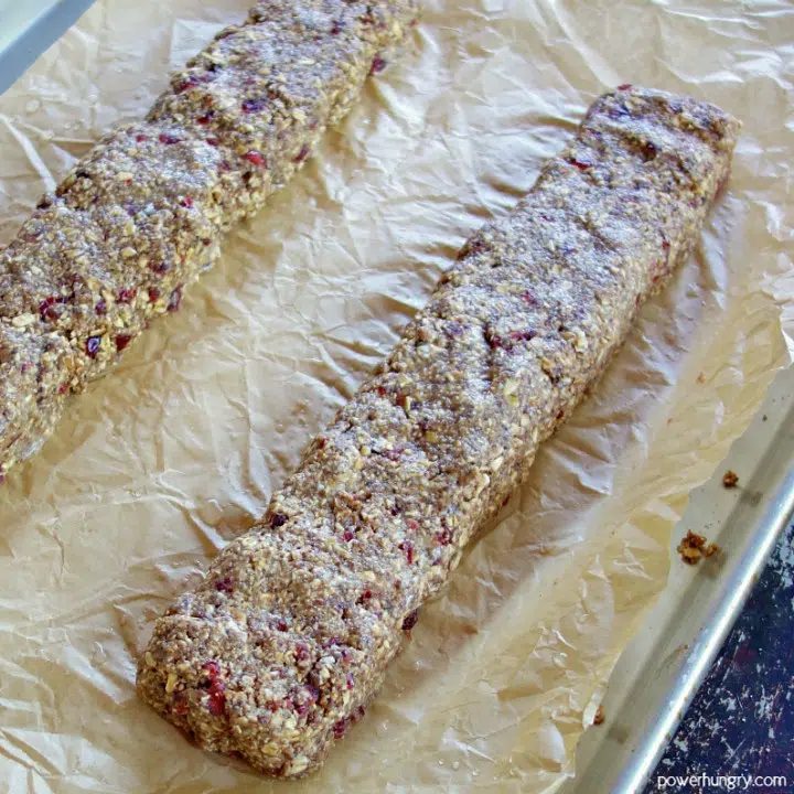 Unbaked oat biscotti dough, shaped into logs