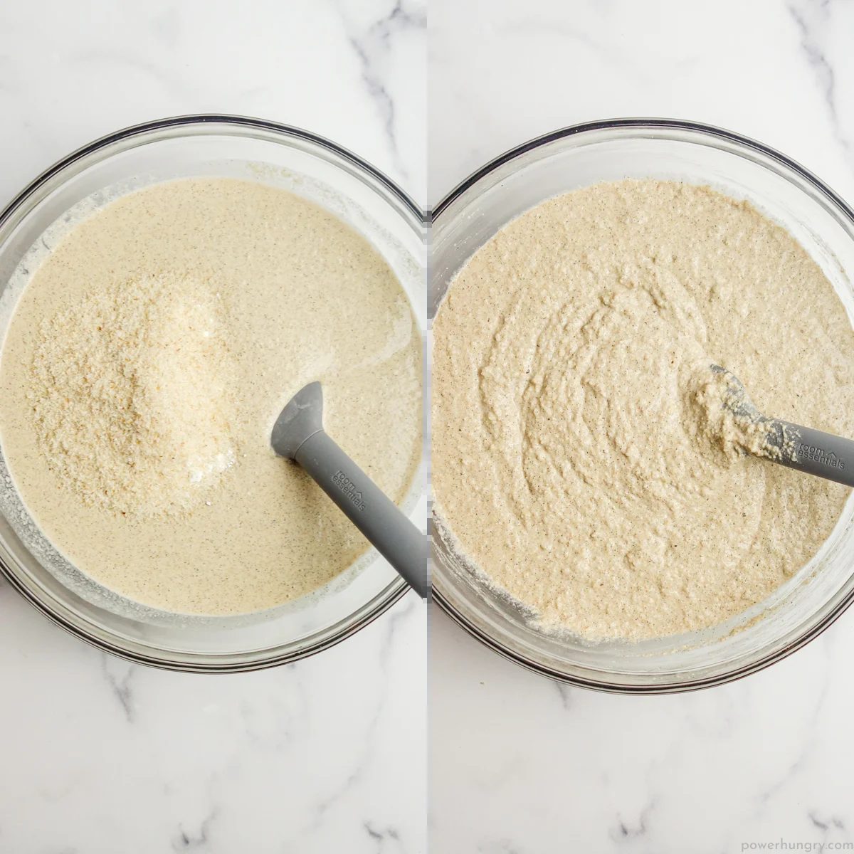 2 photo collage of how to make batter for multigrain bread