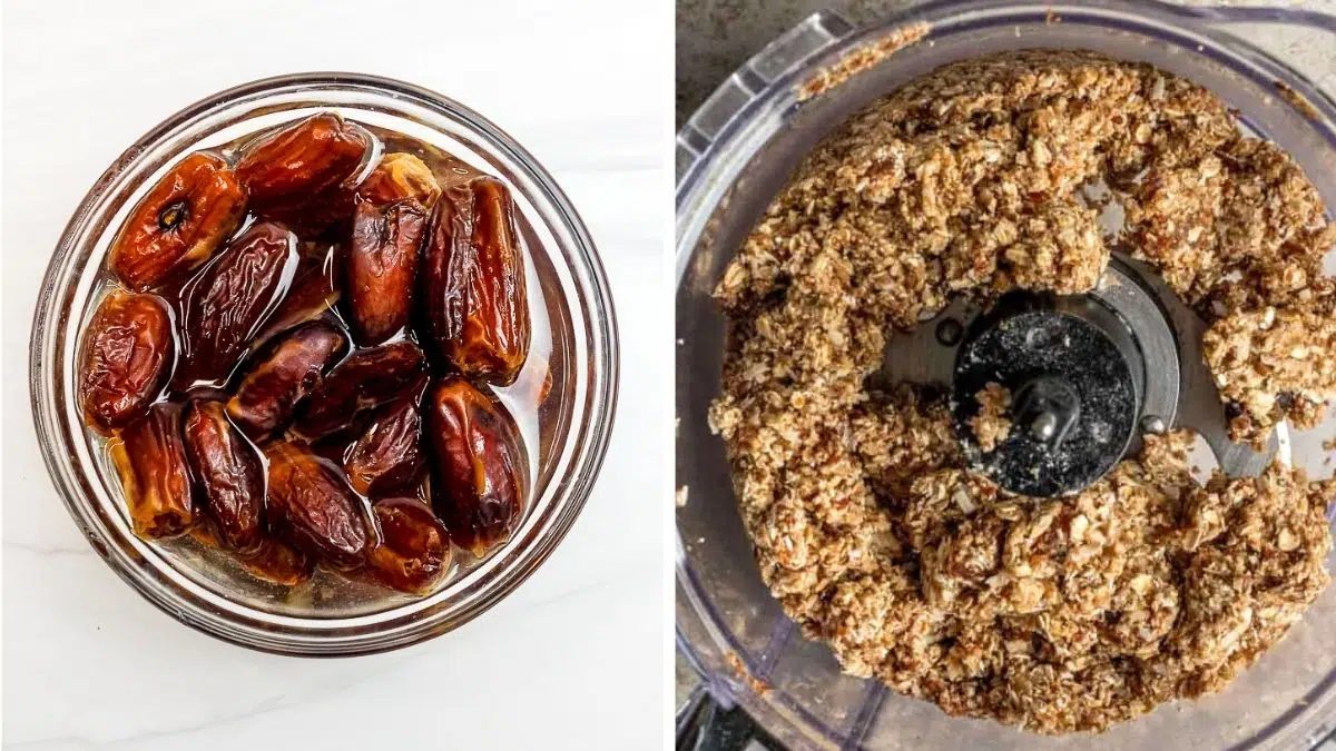 two photo collage showing how to make no-bake gingerbread energy balls