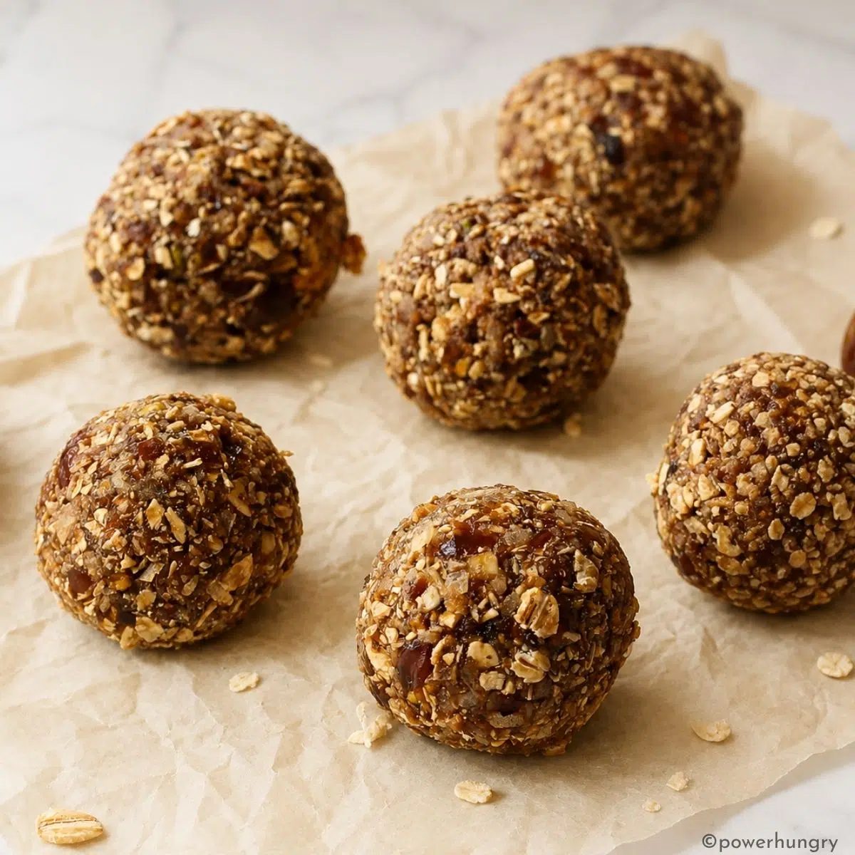 no-bake energy balls, freshly rolled, on top of a piece of tan parchment paper