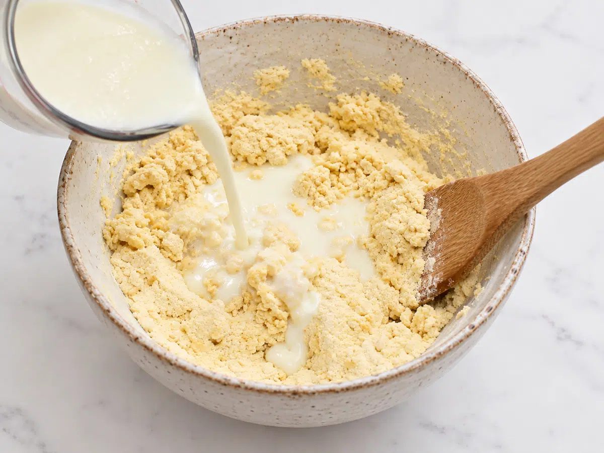 chickpea flour biscuits dough adding milk