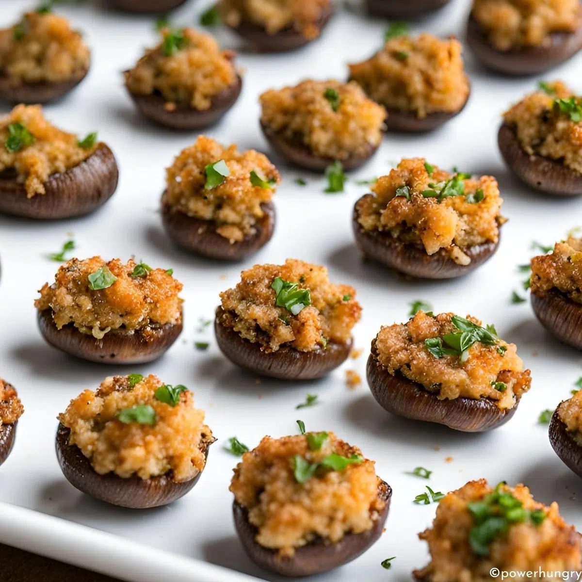 stuffed grain-free vegan mushrooms on a white tray