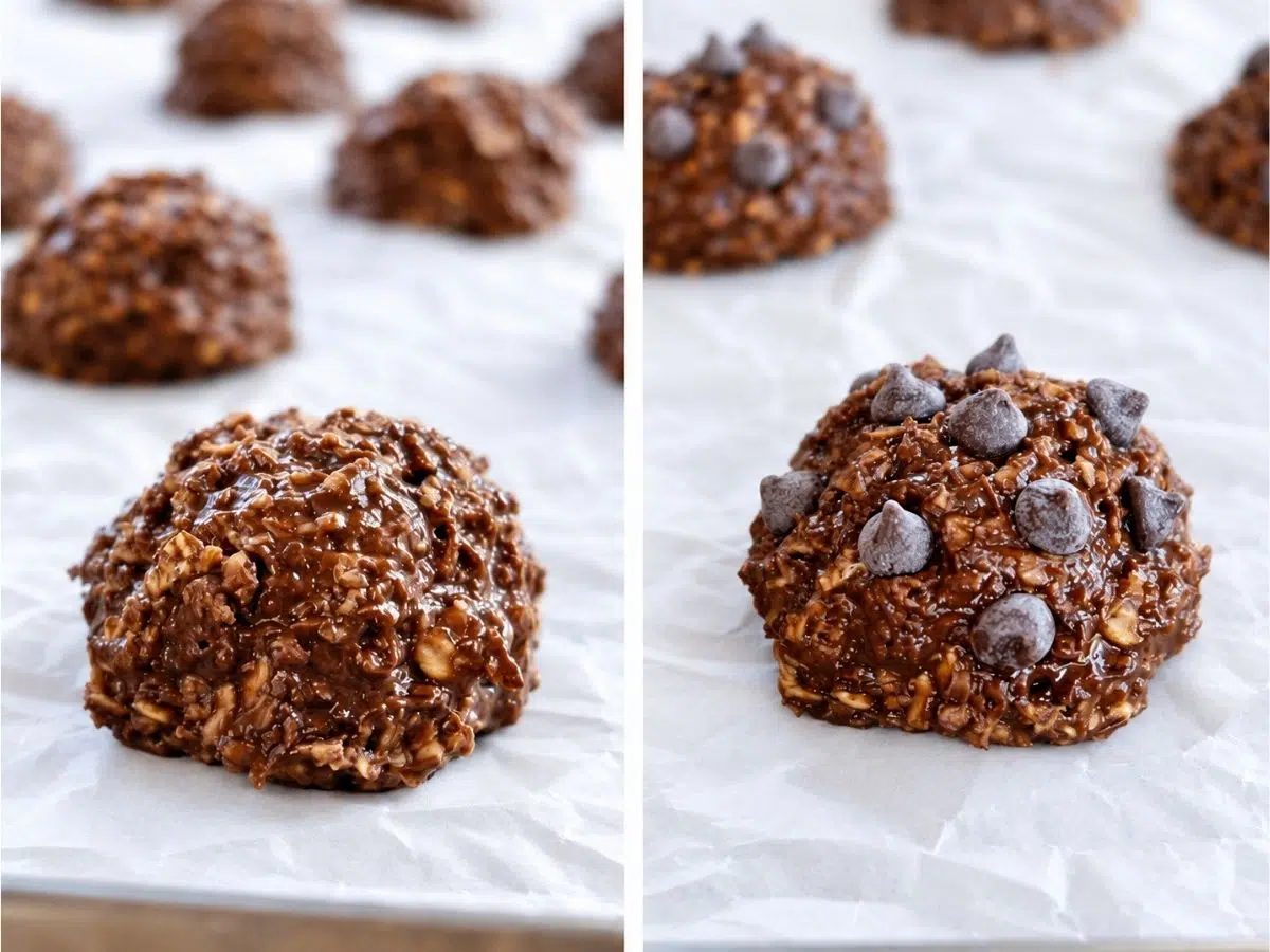 portioned chocolate oat banana cookies on a baking sheet