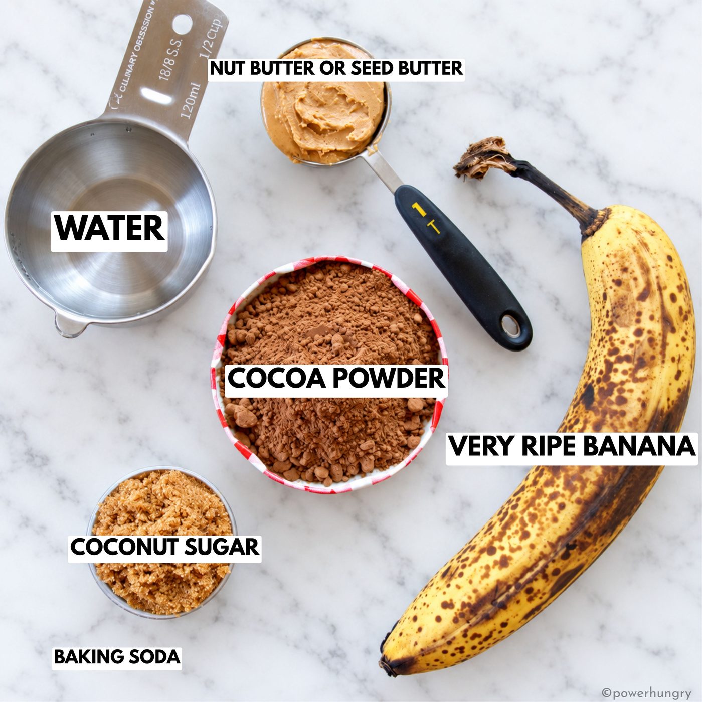 overhead shot of the ingredients needed for chocolate banana oat cookies