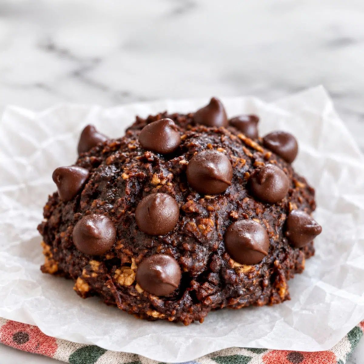 a single chocolate oat banana cookie on a floral napkin