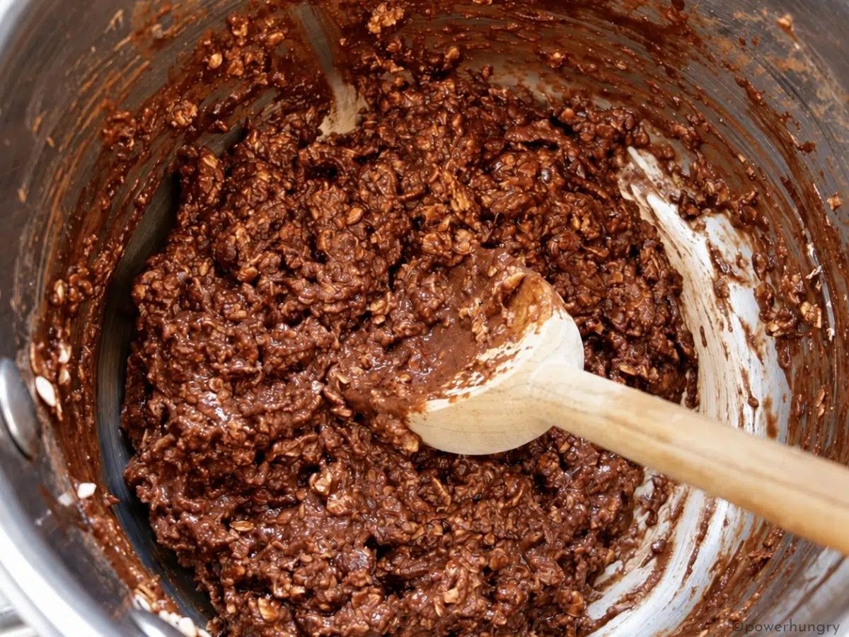 chocolate oat banana cookie dough in a saucepan