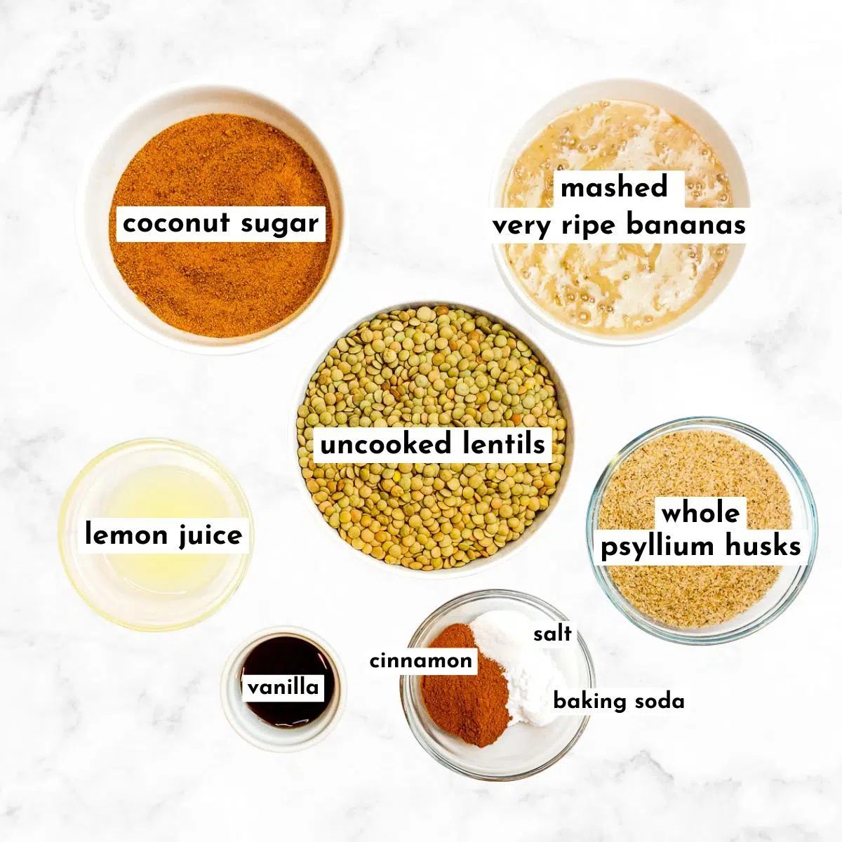 banan lentil bread ingredients on a white marble surface