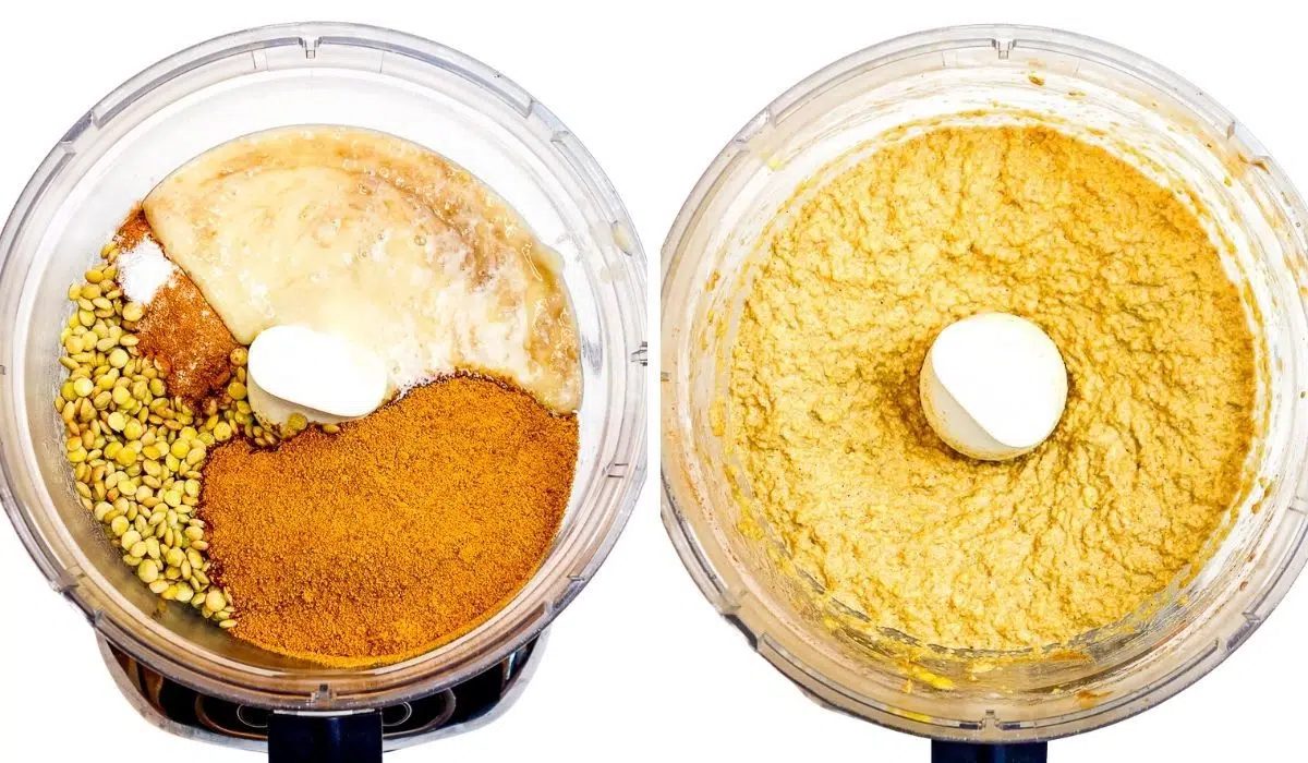 to photo collage of banana lentil bread dough in food processor