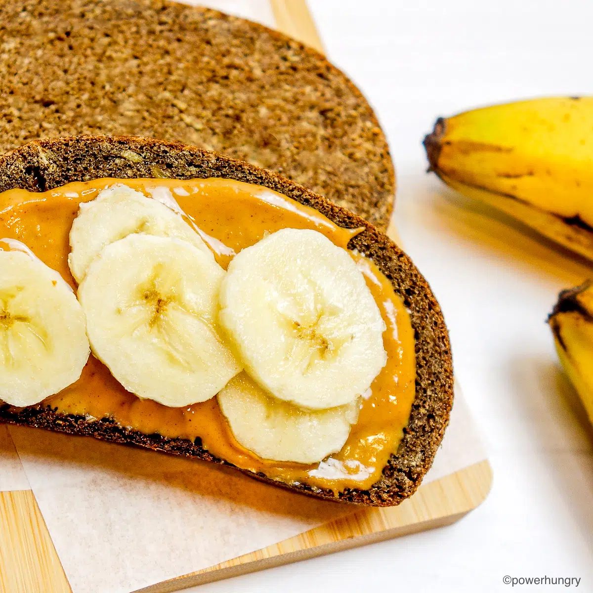 lentil banana bread with slices of banana and peanut butter