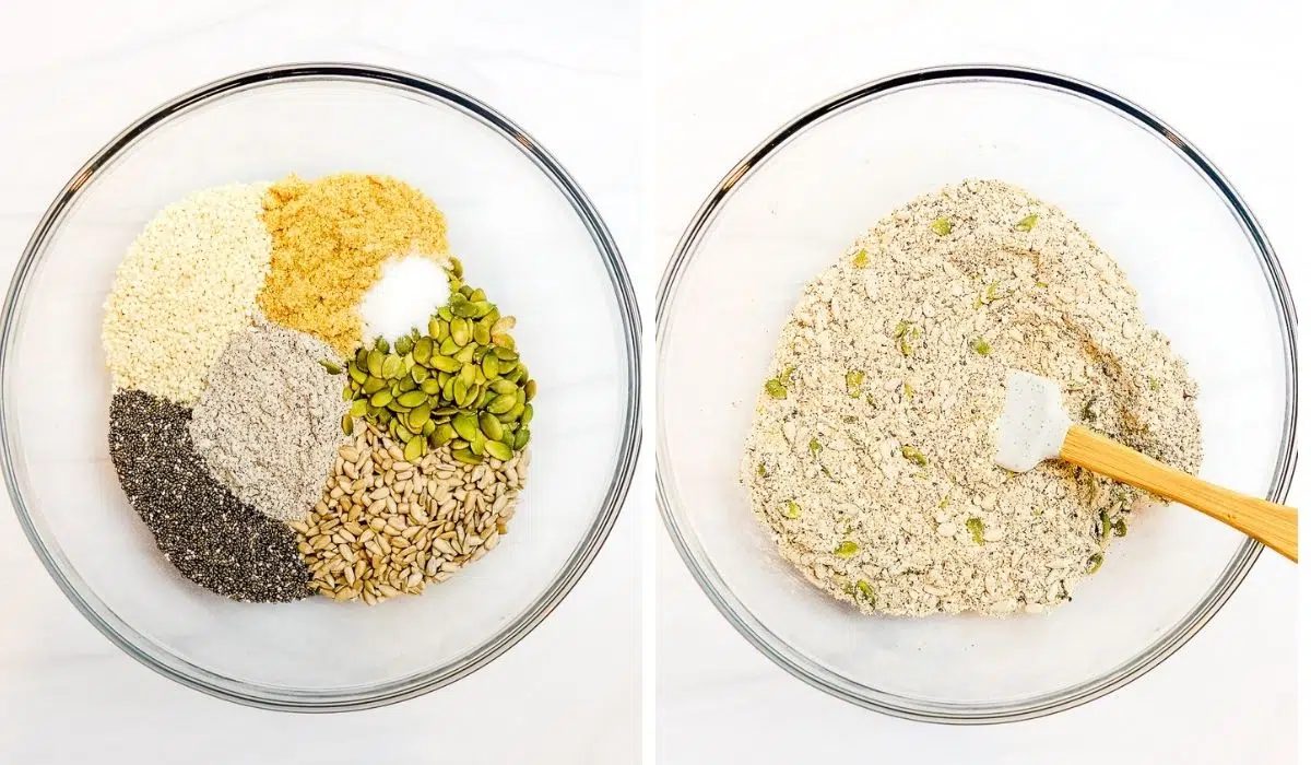 2 photo collage of the dry buckwheat cracker ingredients in a glass bowl