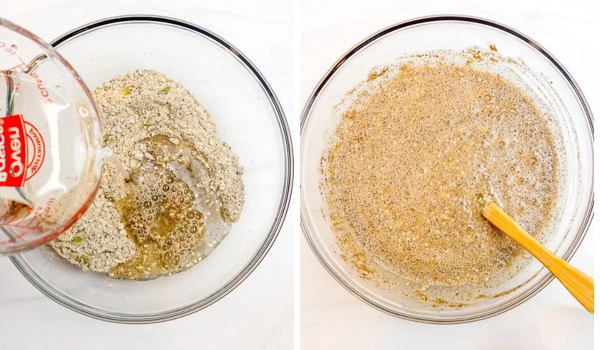 two photo collage showing how to mix batter for buckwheat crackers