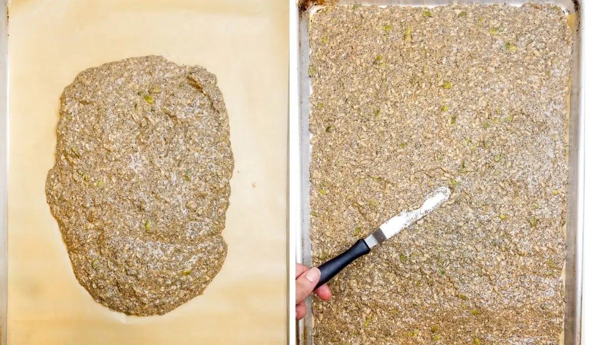 two photo collage showing how to spread buckwheat cracker batter over a baking sheet