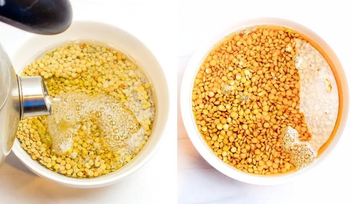 two photo collage of lentils getting soaked