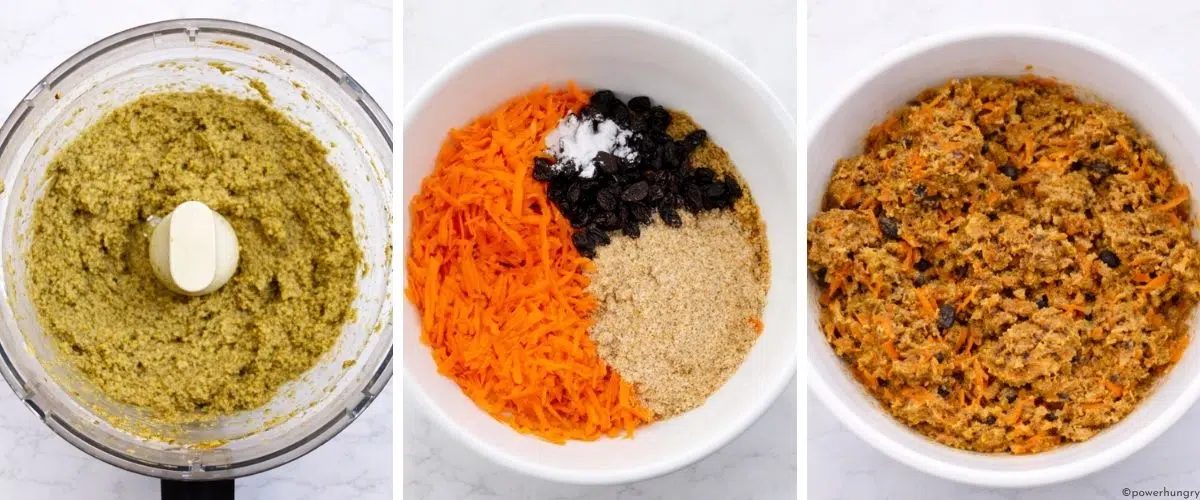 three photo collage of how to make high protein carrot cake lentil bread dough