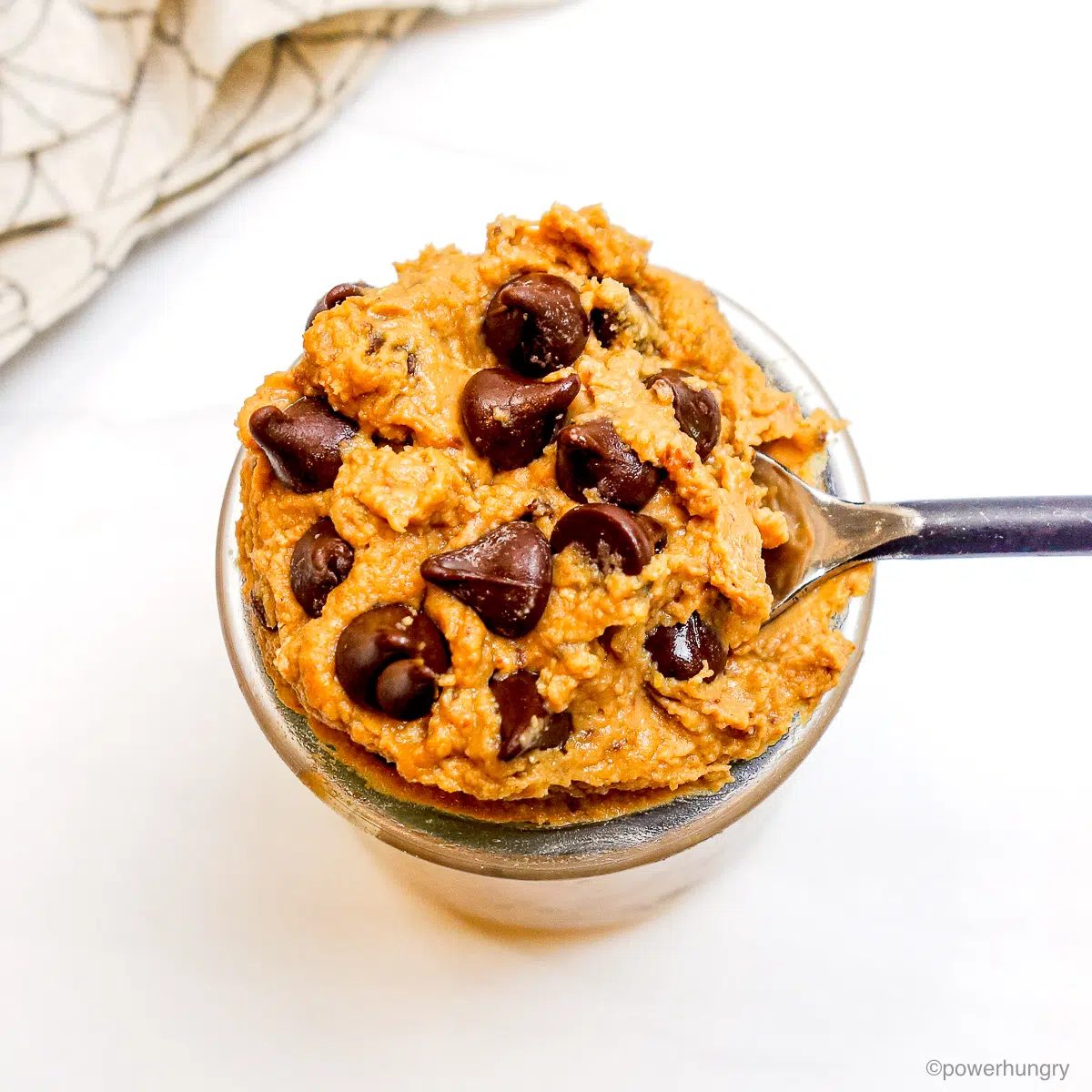 overhead shot of jar filled with chickpea cookie dough