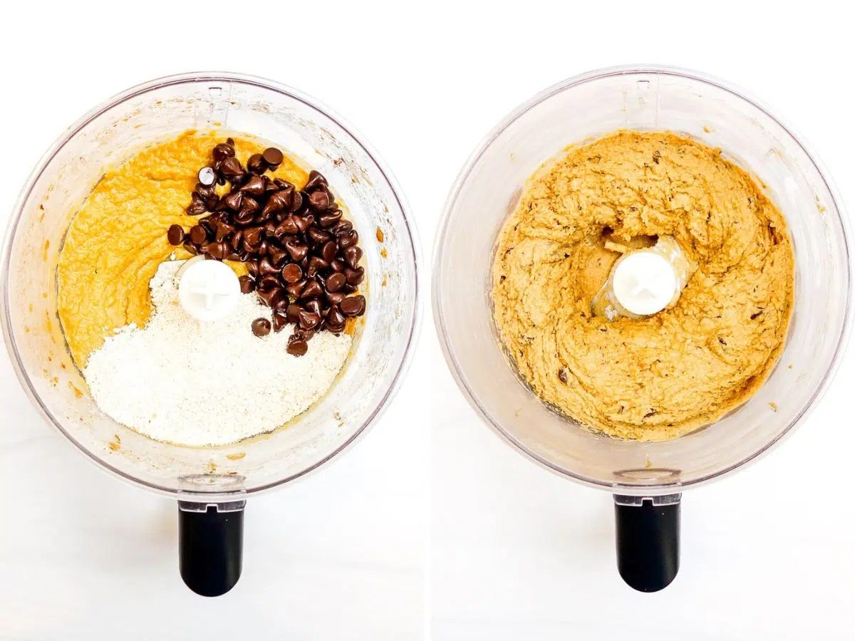 two photo collage showing dry ingredients added to cookie dough