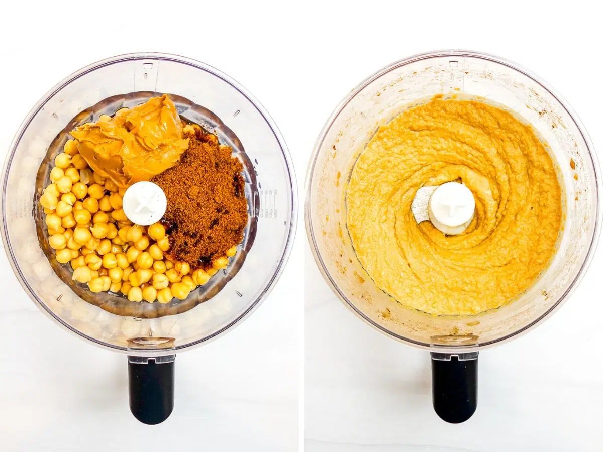 two photo collage depicting the blending of chickpeas and sweetener