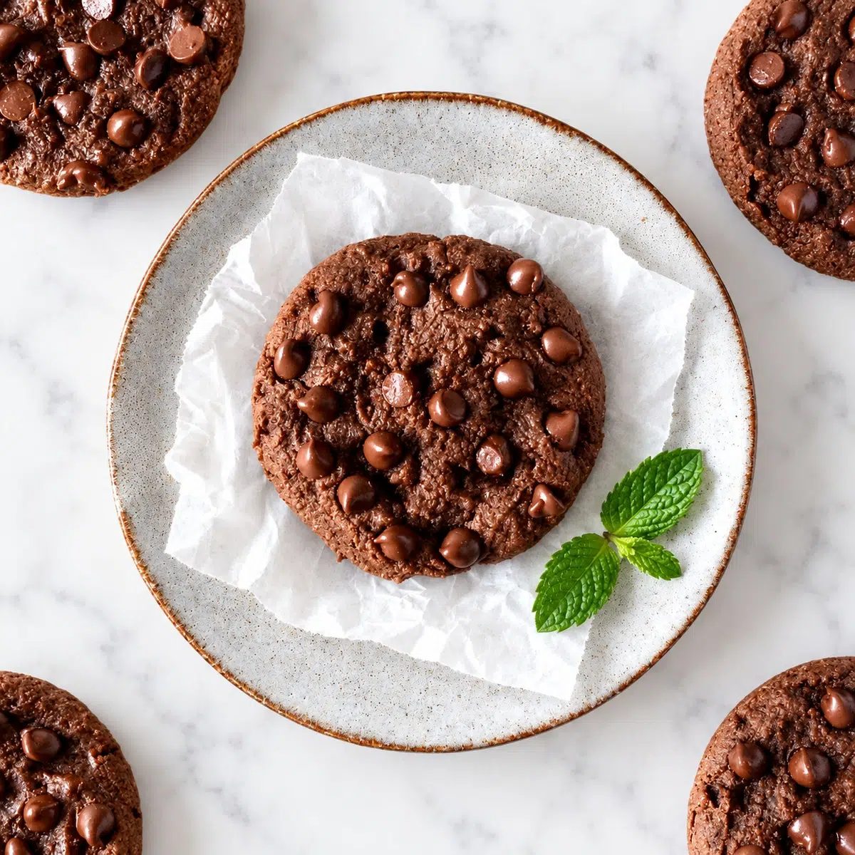 chocolate mint protein cookies overhead image