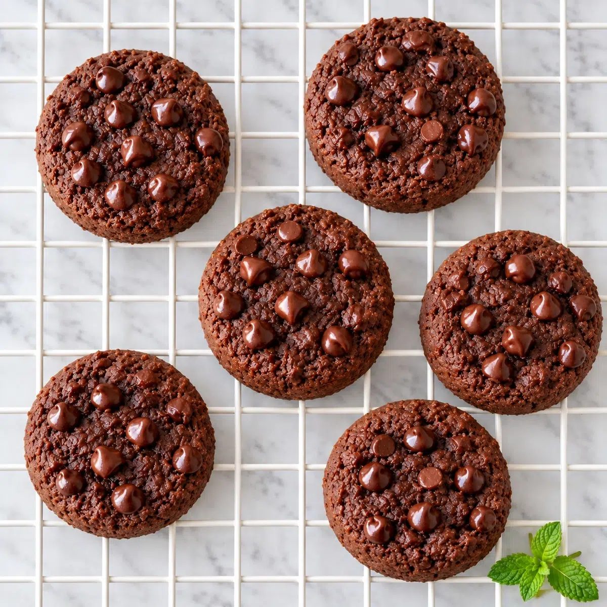 overhead image of chocolate mint protein cookies on a cooling rack