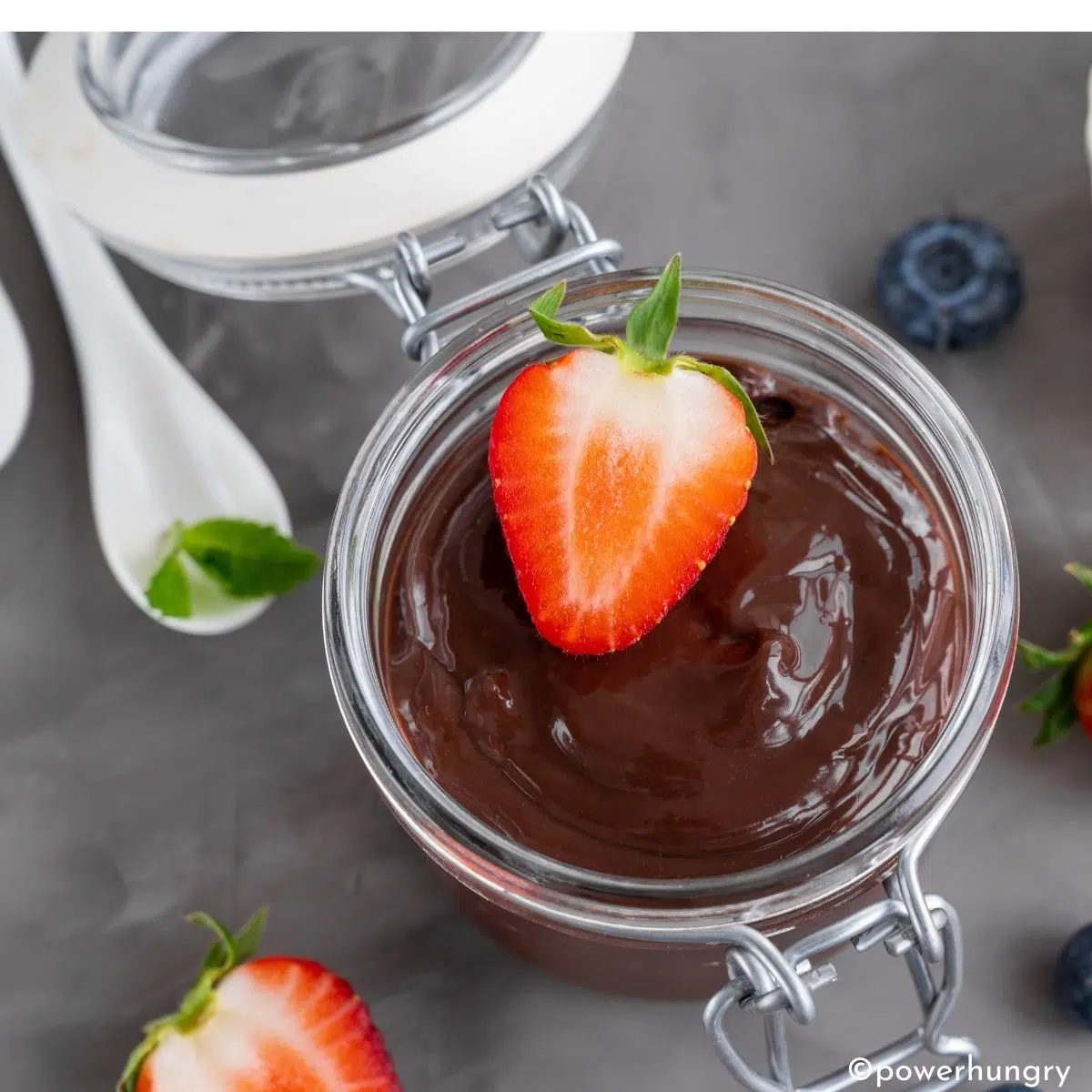 high protein vegan chocolate pudding in glass container